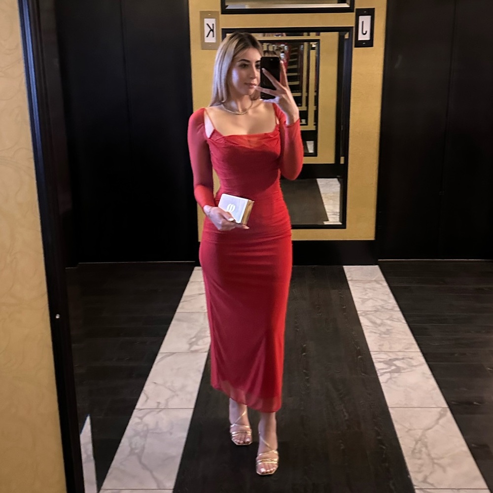 HOUSE OF CB Katrina Lace Mesh Long Sleeve Gown